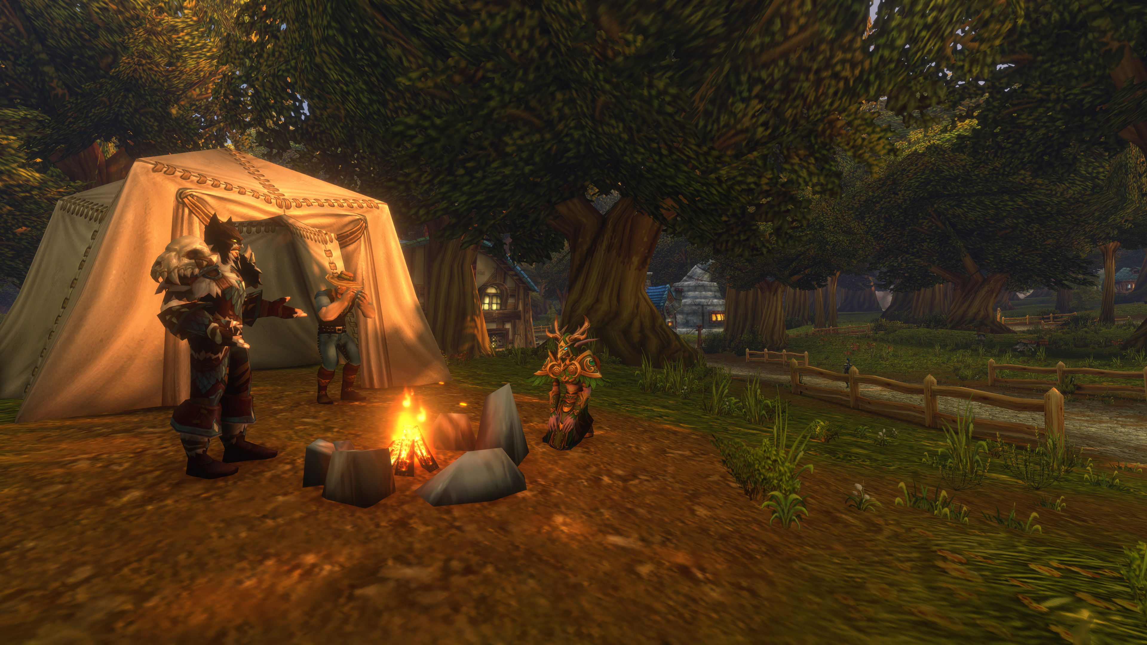 Player characters standing around a campfire chatting.